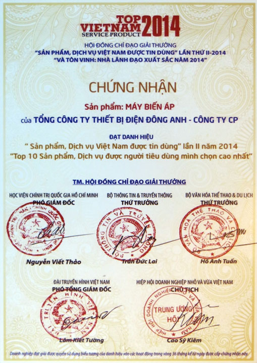 Giấy chứng nhận Sản phẩm Việt Nam tin dùng 2014 - Máy Biến áp Đông Anh - Tổng Công Ty Thiết Bị Điện Đông Anh - Công Ty Cổ Phần